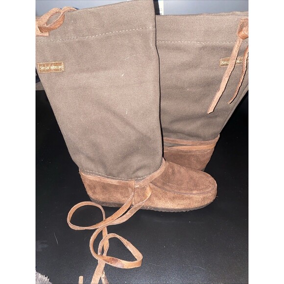STEGER Mukluks Brown Moosehide Canvas Winter Snow 17" Tall Boots Sz 8 (Women's) - Picture 2 of 6